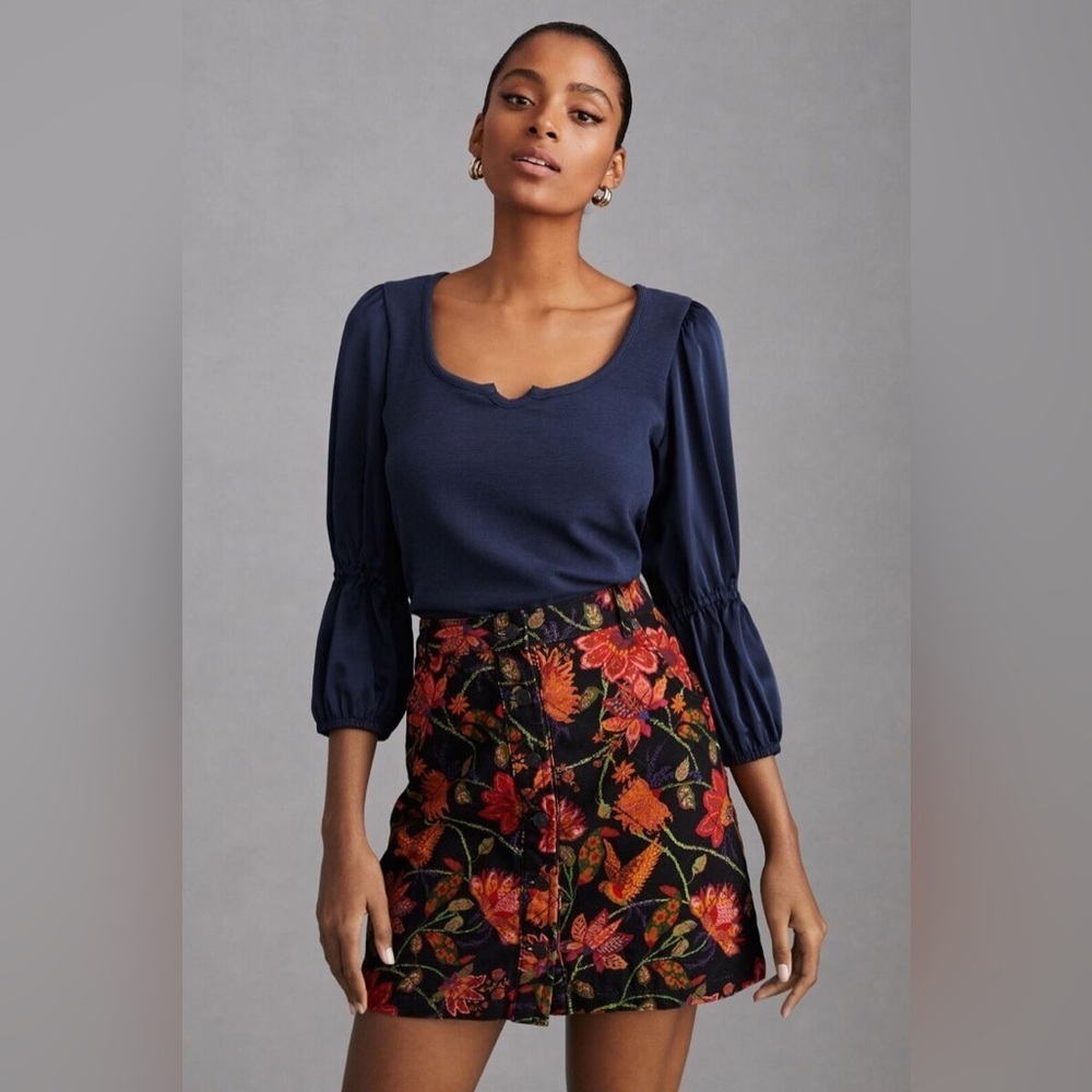 Anthropologie Maeve Ribbed Tiered Sleeve Top Navy Blue Size XS